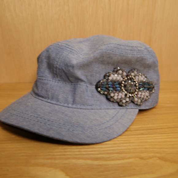 Accessories - Womens Blue Chambray Cadet Cap Beaded Floral Medallion Military Style Hat OS